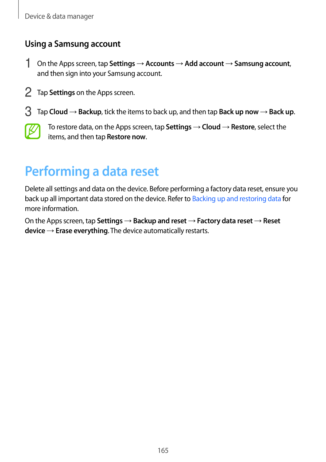 Samsung SM-G800HZDABTC, SM-G800HZWDXFE, SM-G800HZWDTUN, SM-G800HZWDTHR manual Performing a data reset, Using a Samsung account 