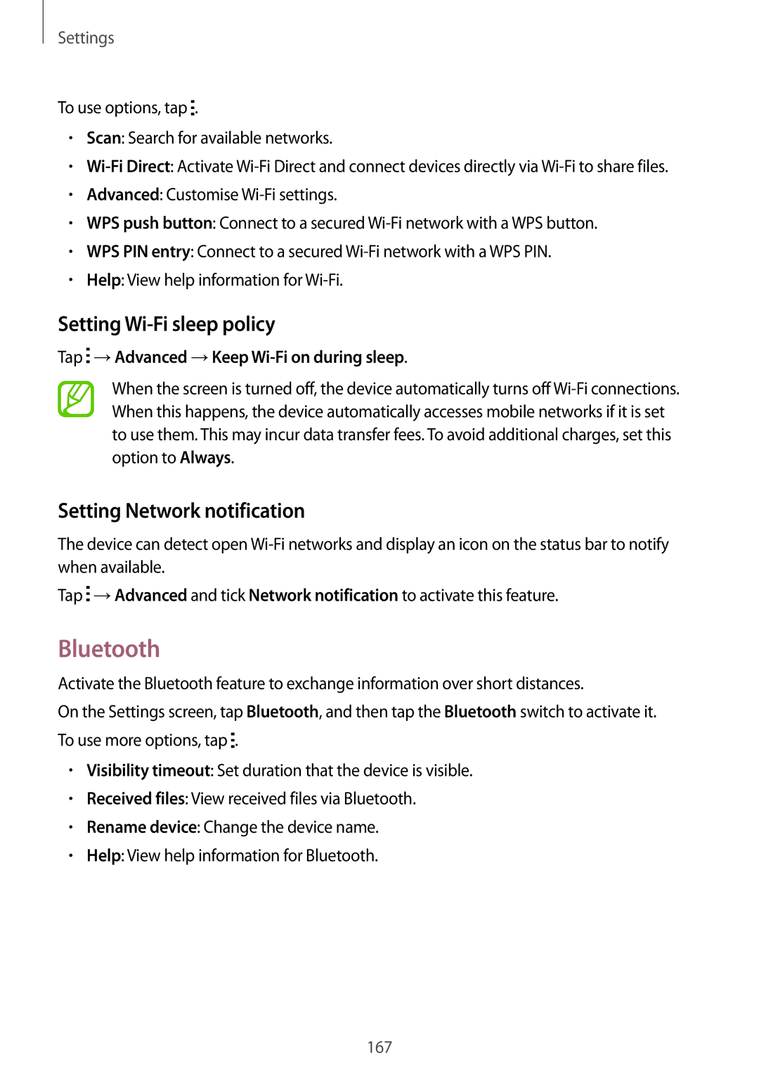 Samsung SM-G800HZDDTHR, SM-G800HZWDXFE, SM-G800HZWDTUN Bluetooth, Setting Wi-Fi sleep policy, Setting Network notification 