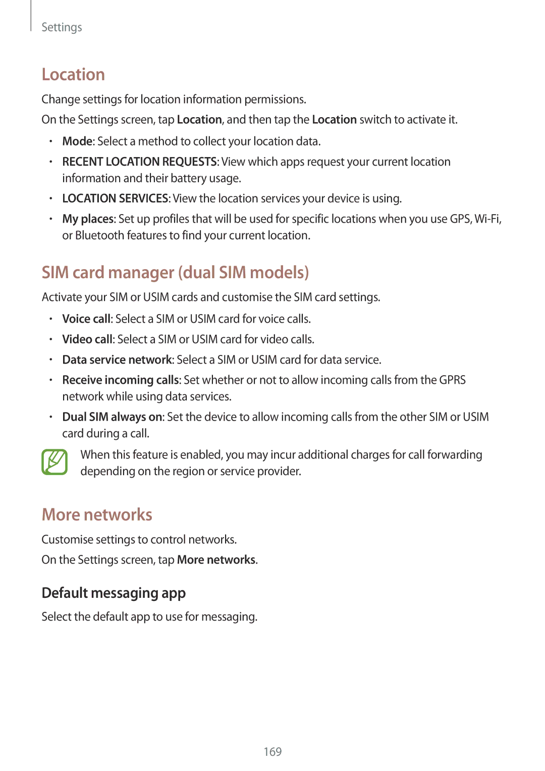 Samsung SM-G800HZKDTUN, SM-G800HZWDXFE Location, SIM card manager dual SIM models, More networks, Default messaging app 