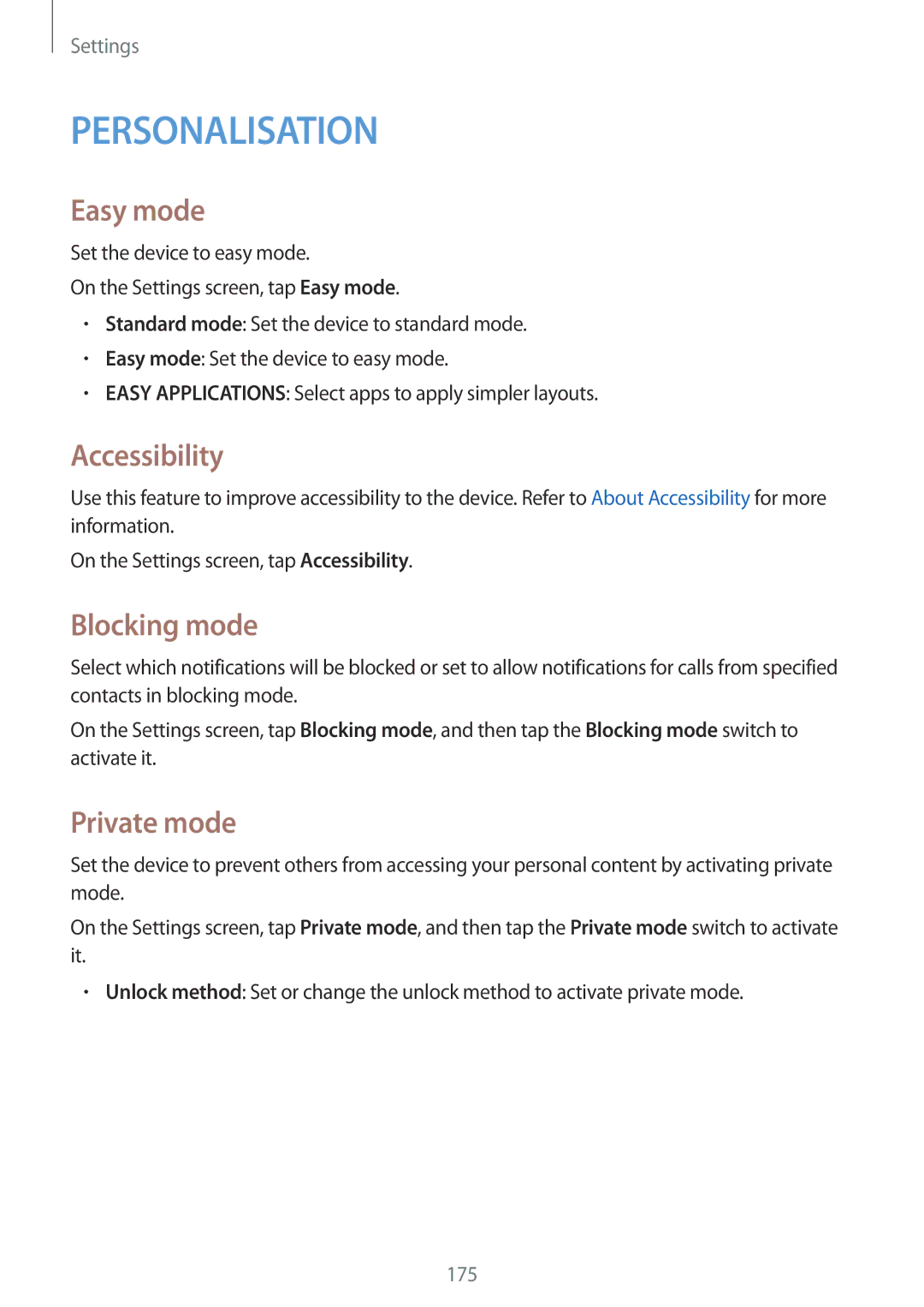 Samsung SM-G800HZWDCAC, SM-G800HZWDXFE, SM-G800HZWDTUN, SM-G800HZWDTHR Easy mode, Accessibility, Blocking mode, Private mode 