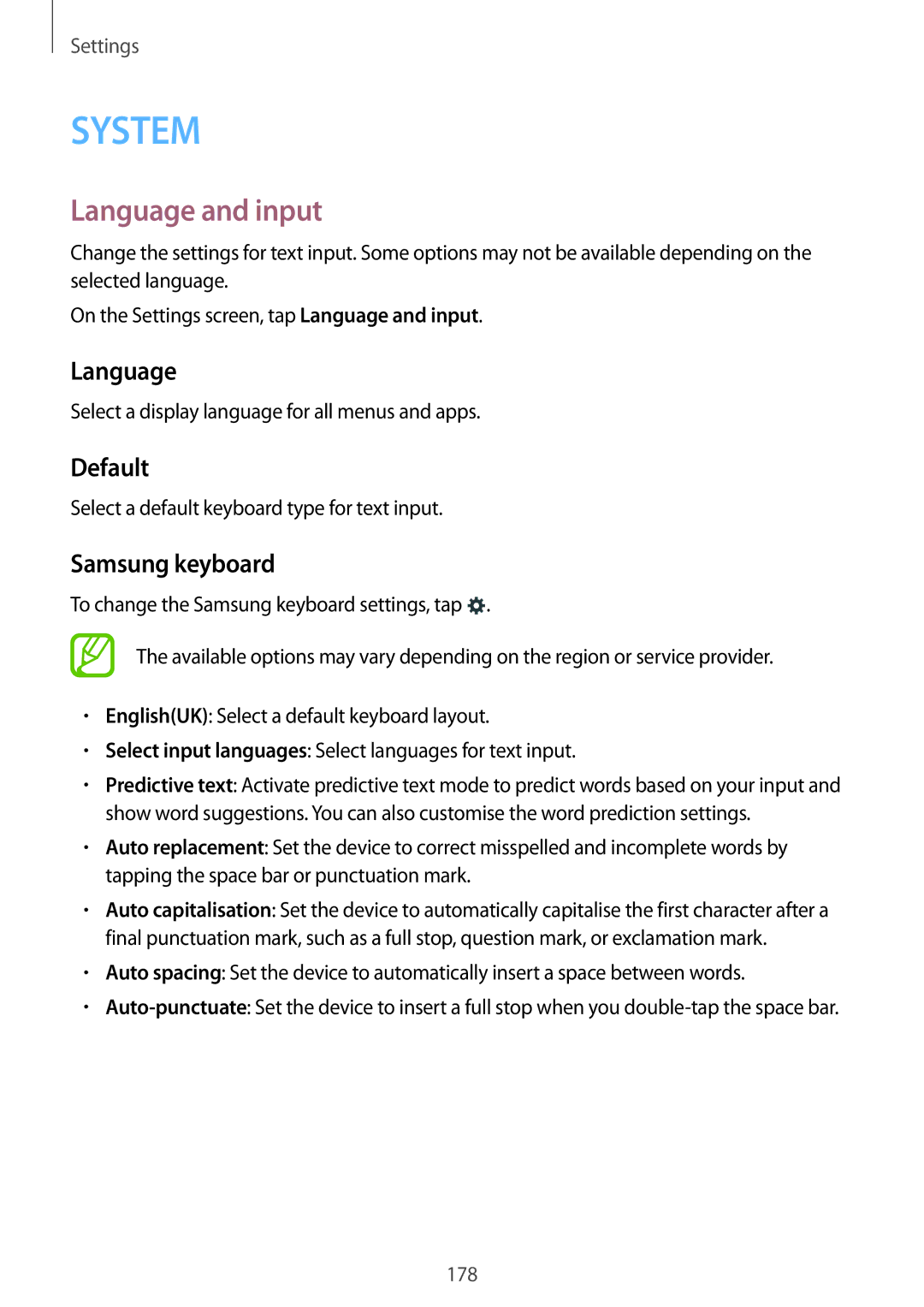 Samsung SM-G800HZDATHR, SM-G800HZWDXFE, SM-G800HZWDTUN, SM-G800HZWDTHR manual Language and input, Default, Samsung keyboard 