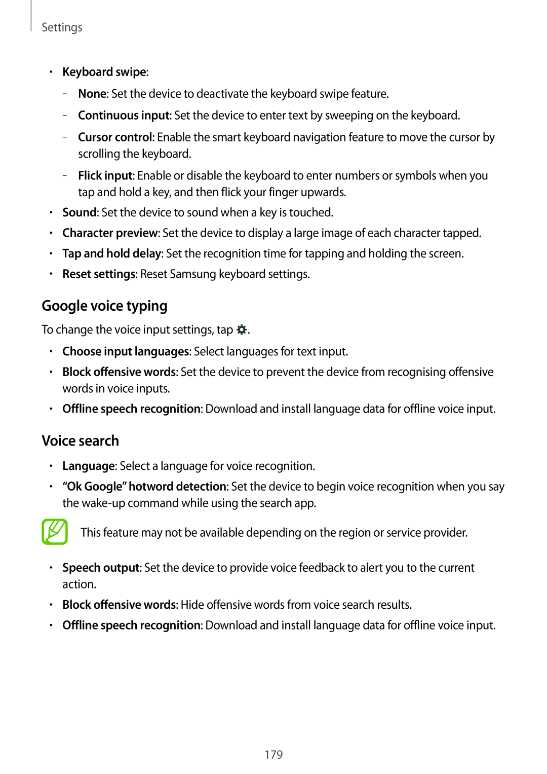 Samsung SM-G800HZDDKSA manual Google voice typing, Keyboard swipe, Sound Set the device to sound when a key is touched 