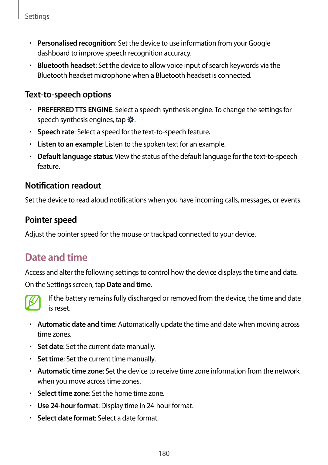 Samsung SM-G800HZDDXFE, SM-G800HZWDXFE manual Date and time, Text-to-speech options, Notification readout, Pointer speed 