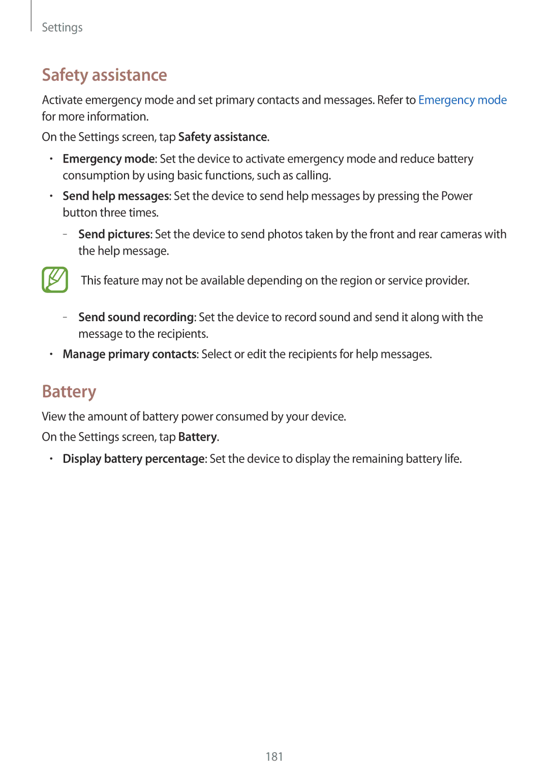 Samsung SM-G800HZKDEGY, SM-G800HZWDXFE, SM-G800HZWDTUN, SM-G800HZWDTHR, SM-G800HZWAXFE manual Safety assistance, Battery 