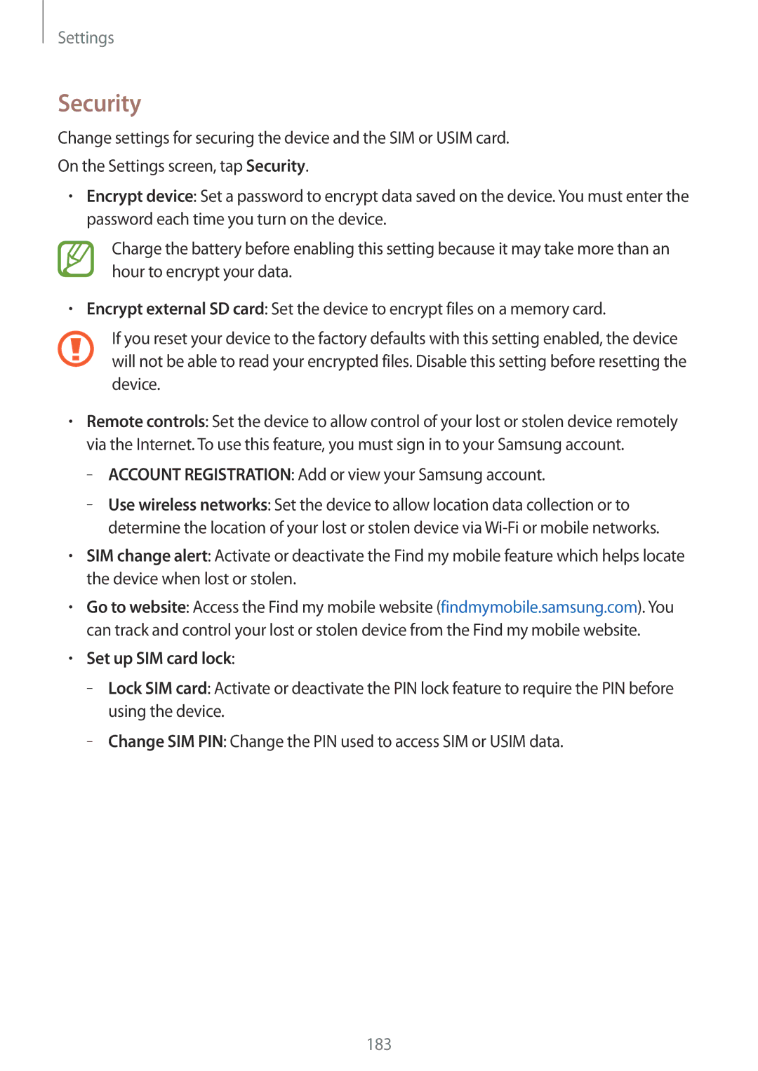 Samsung SM-G800HZWDWTL manual Security, Account Registration Add or view your Samsung account, Set up SIM card lock 