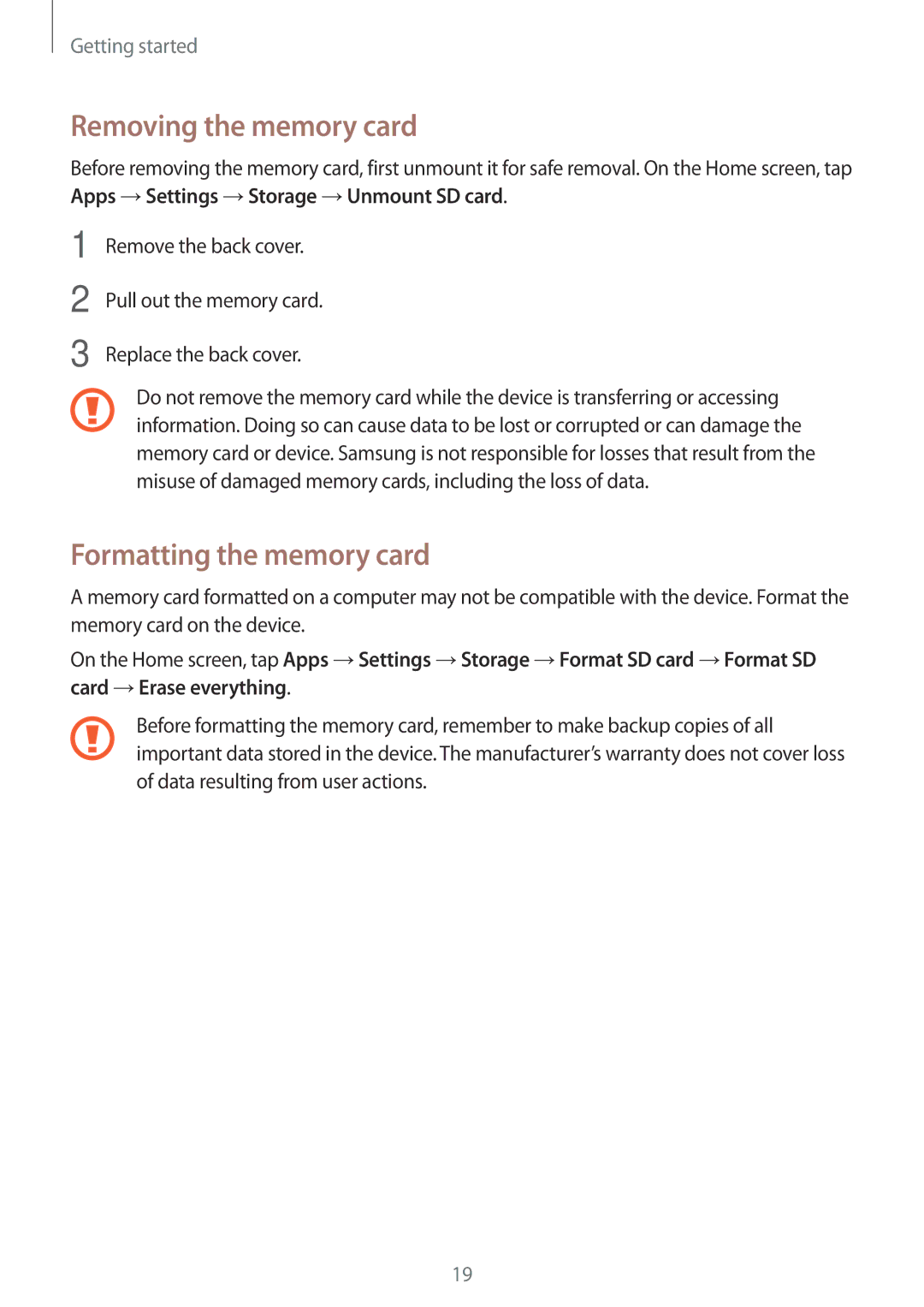 Samsung SM-G800HZDDKSA, SM-G800HZWDXFE, SM-G800HZWDTUN, SM-G800HZWDTHR Removing the memory card, Formatting the memory card 