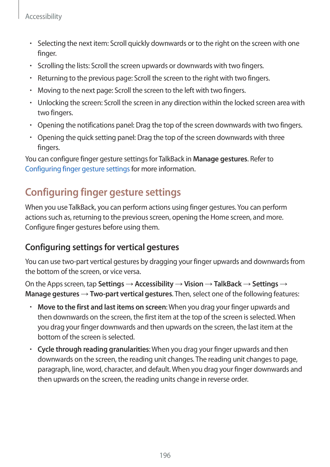 Samsung SM-G800HZBDLYS, SM-G800HZWDXFE Configuring finger gesture settings, Configuring settings for vertical gestures 