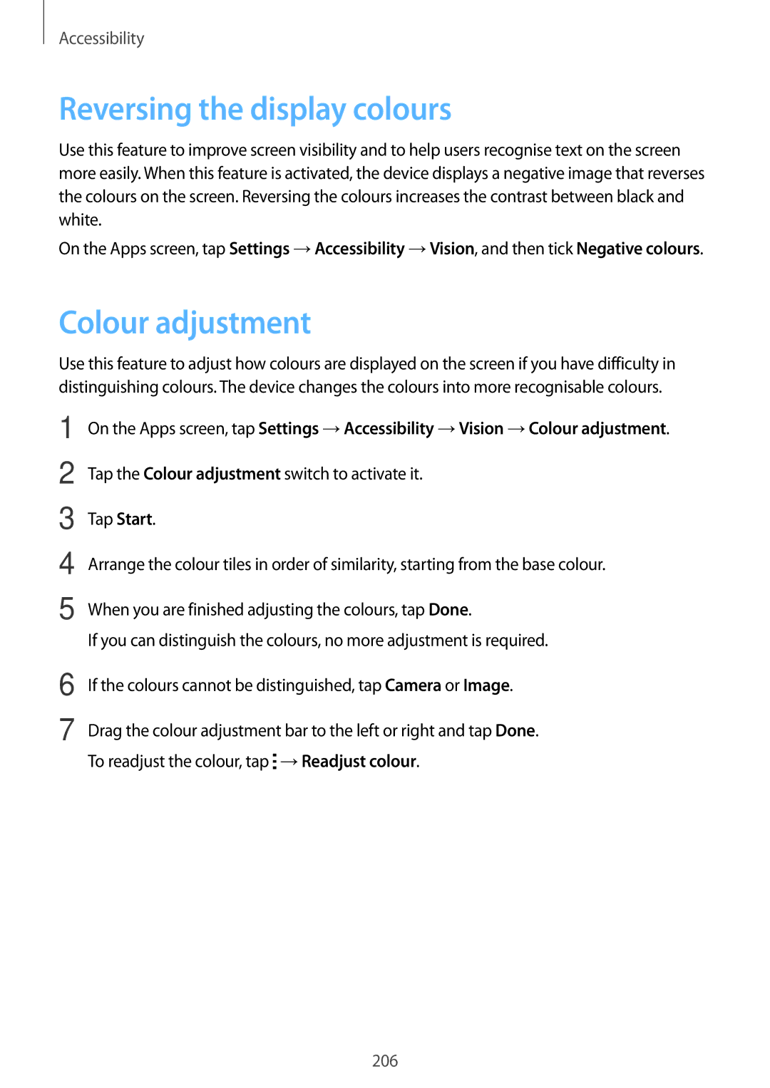 Samsung SM-G800HZKDACR, SM-G800HZWDXFE, SM-G800HZWDTUN, SM-G800HZWDTHR manual Reversing the display colours, Colour adjustment 