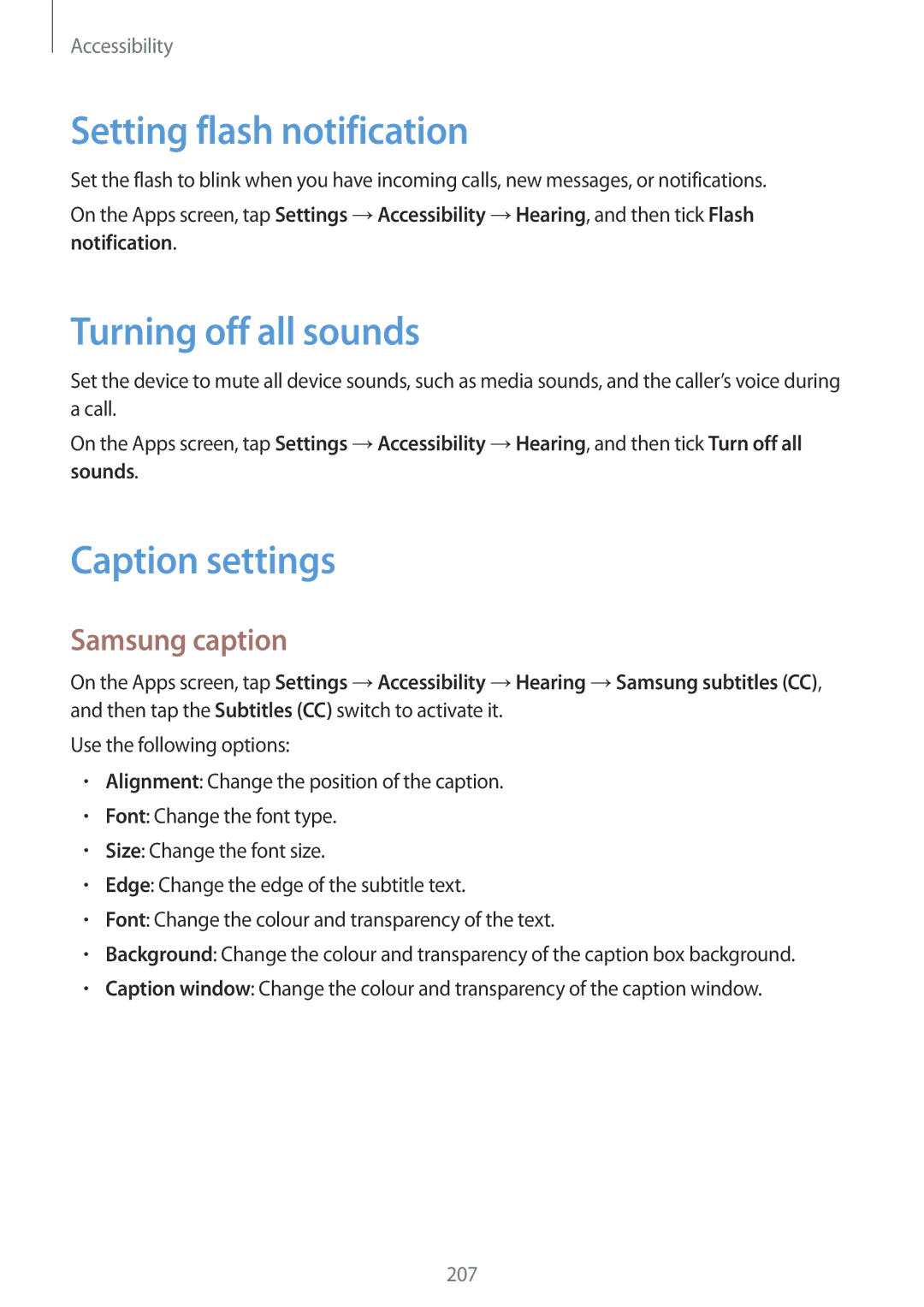 Samsung SM-G800HZKDTMC, SM-G800HZWDXFE manual Setting flash notification, Turning off all sounds, Samsung subtitles CC 