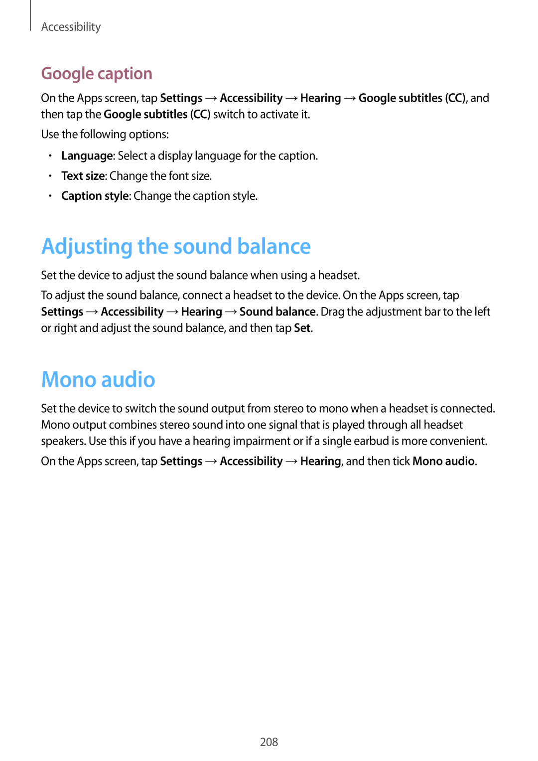 Samsung SM-G800HZWAAFR, SM-G800HZWDXFE, SM-G800HZWDTUN manual Adjusting the sound balance, Mono audio, Google caption 