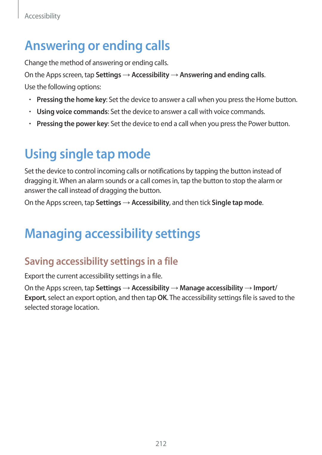 Samsung SM-G800HZBDAFR, SM-G800HZWDXFE Answering or ending calls, Using single tap mode, Managing accessibility settings 