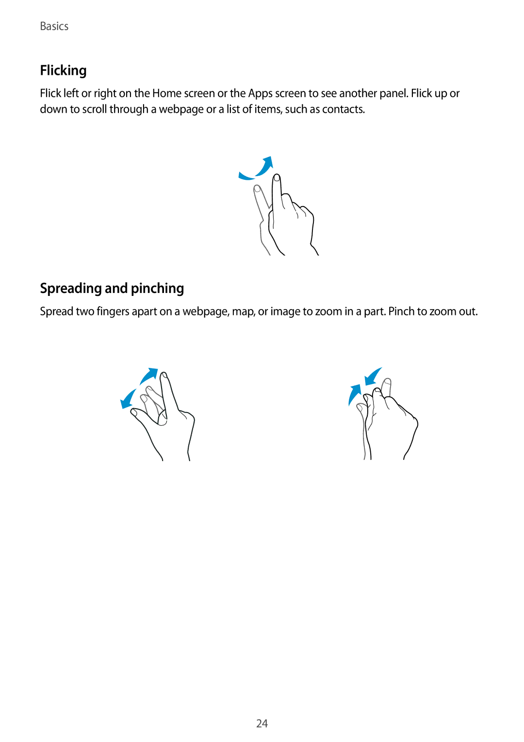 Samsung SM-G800HZWDKSA, SM-G800HZWDXFE, SM-G800HZWDTUN, SM-G800HZWDTHR, SM-G800HZWAXFE manual Flicking, Spreading and pinching 