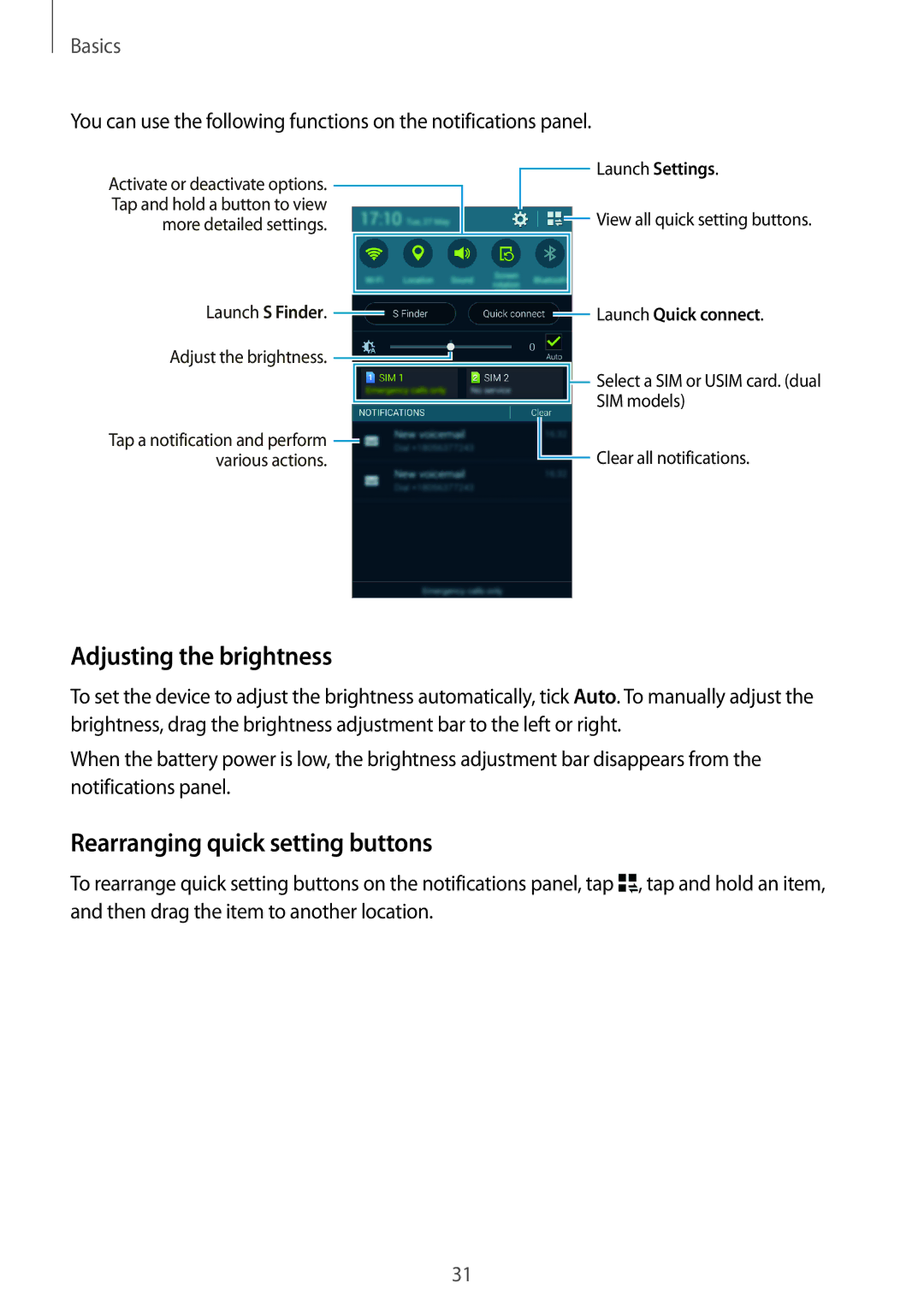 Samsung SM-G800HZDDBTC, SM-G800HZWDXFE, SM-G800HZWDTUN manual Adjusting the brightness, Rearranging quick setting buttons 