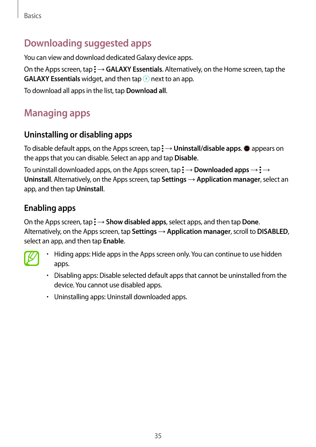 Samsung SM-G800HZBATHR manual Downloading suggested apps, Managing apps, Uninstalling or disabling apps, Enabling apps 