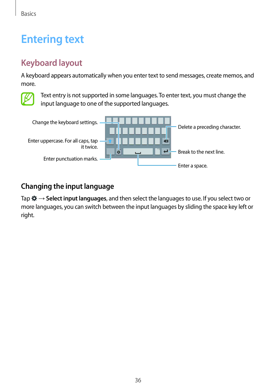 Samsung SM-G800HZBDLYS, SM-G800HZWDXFE, SM-G800HZWDTUN manual Entering text, Keyboard layout, Changing the input language 