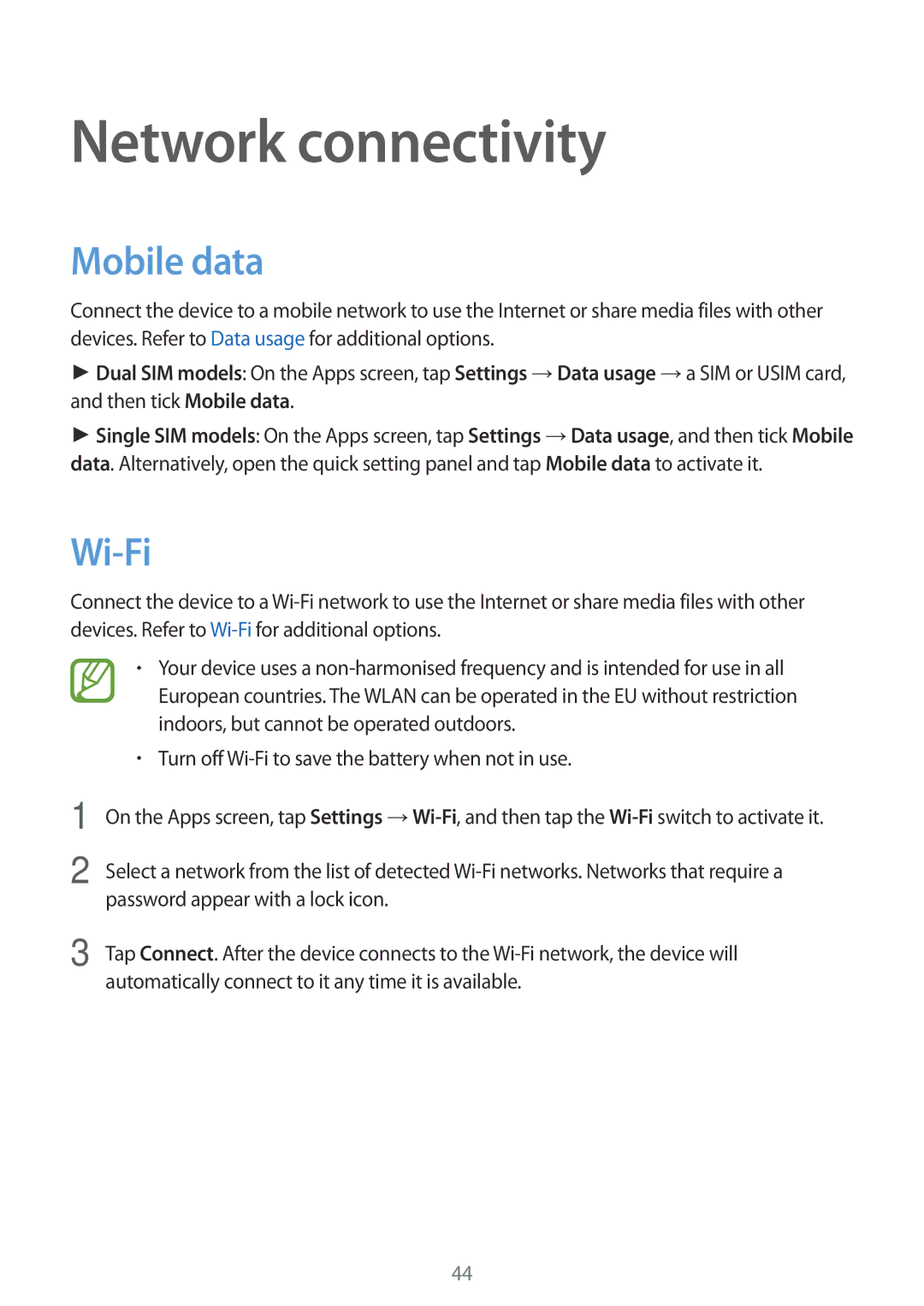 Samsung SM-G800HZDDWTL, SM-G800HZWDXFE, SM-G800HZWDTUN, SM-G800HZWDTHR manual Network connectivity, Mobile data, Wi-Fi 