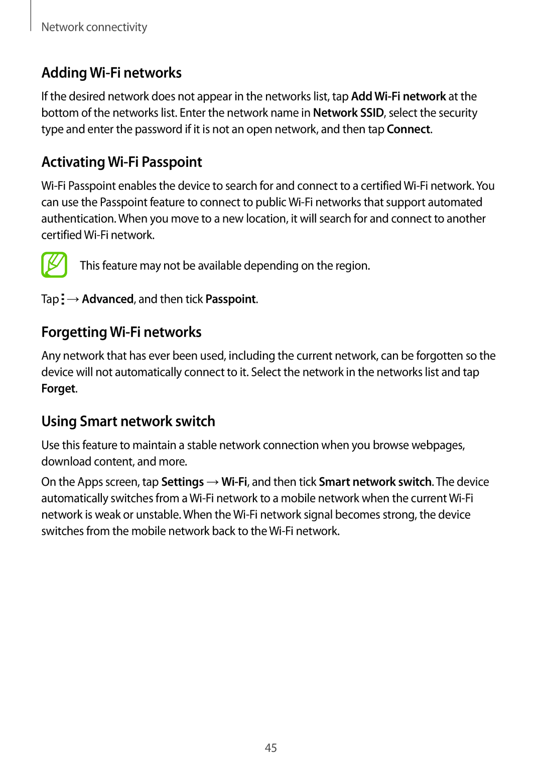 Samsung SM-G800HZKABTC, SM-G800HZWDXFE manual Adding Wi-Fi networks, Activating Wi-Fi Passpoint, Forgetting Wi-Fi networks 