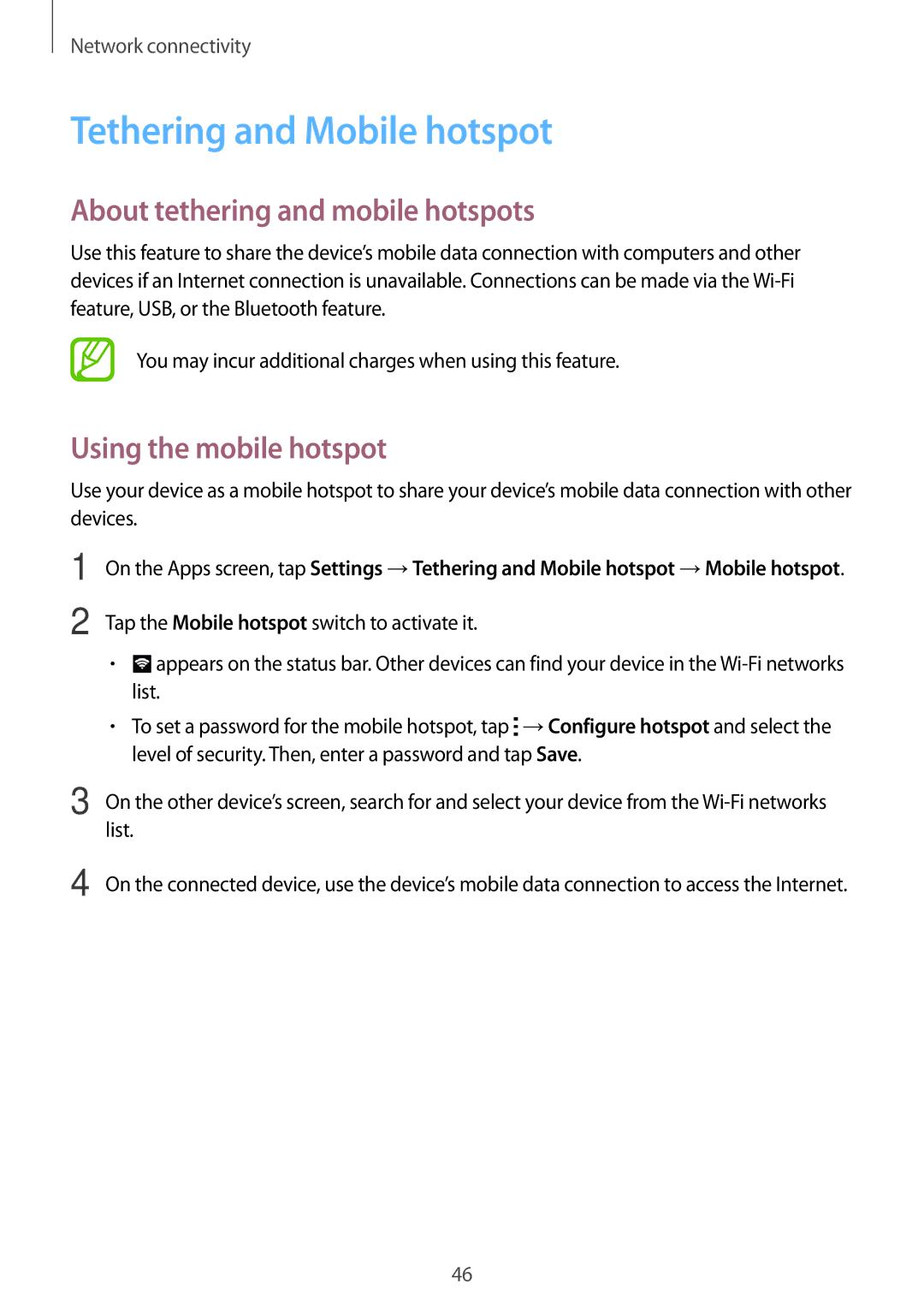 Samsung SM-G800HZKDACR manual Tethering and Mobile hotspot, About tethering and mobile hotspots, Using the mobile hotspot 