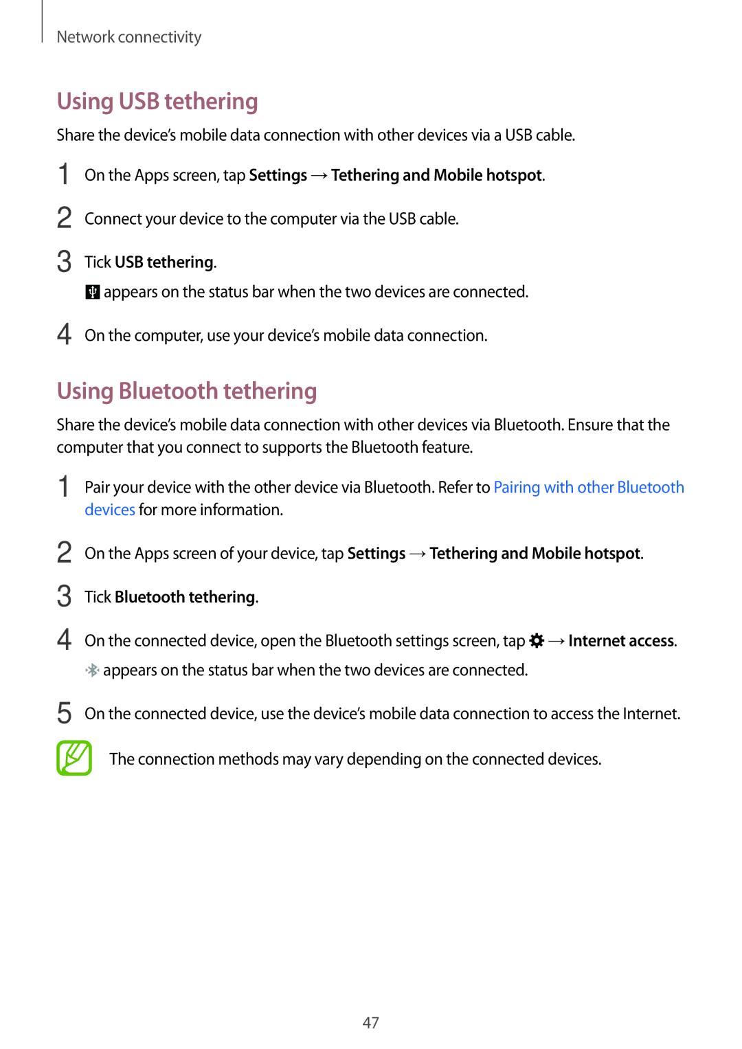 Samsung SM-G800HZKDTMC manual Using USB tethering, Using Bluetooth tethering, Tick USB tethering, Tick Bluetooth tethering 