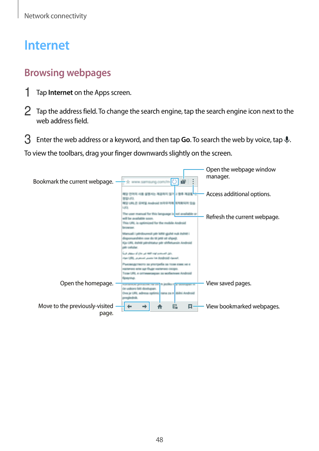 Samsung SM-G800HZWAAFR, SM-G800HZWDXFE, SM-G800HZWDTUN, SM-G800HZWDTHR, SM-G800HZWAXFE manual Internet, Browsing webpages 