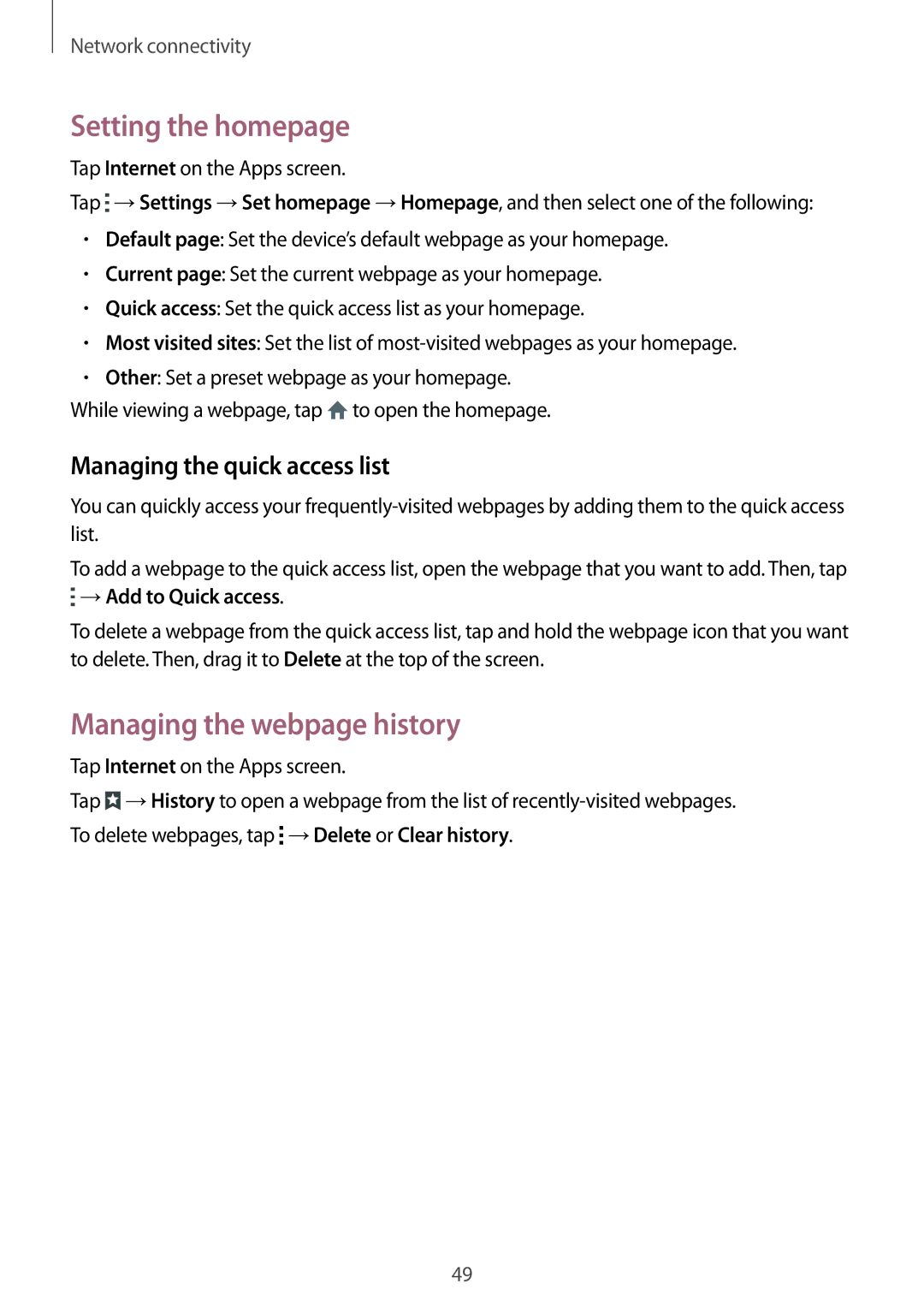 Samsung SM-G800HZWDAFR, SM-G800HZWDXFE Setting the homepage, Managing the webpage history, Managing the quick access list 