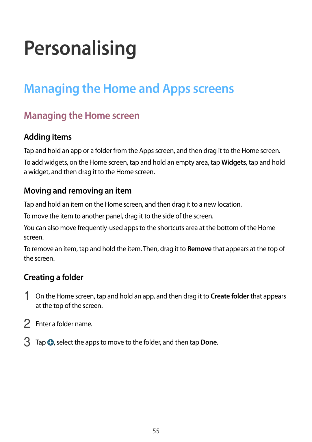 Samsung SM-G800HZDAAFG, SM-G800HZWDXFE manual Personalising, Managing the Home and Apps screens, Managing the Home screen 