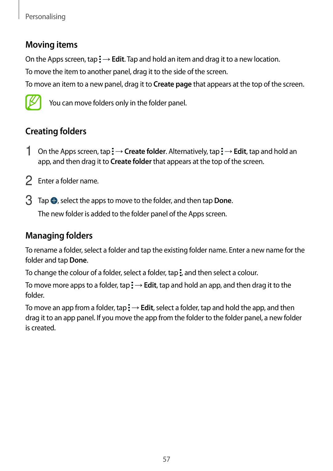 Samsung SM-G800HZDDACR, SM-G800HZWDXFE manual Moving items, Creating folders, You can move folders only in the folder panel 