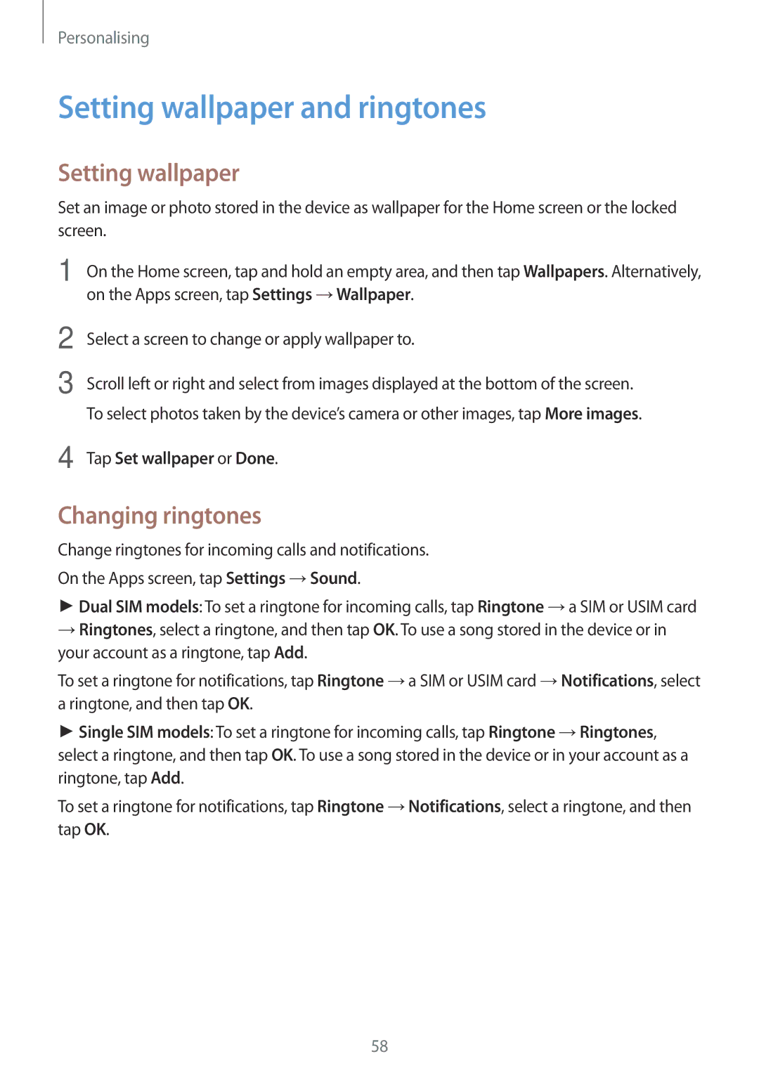 Samsung SM-G800HZDDTUN, SM-G800HZWDXFE manual Setting wallpaper and ringtones, Changing ringtones, Tap Set wallpaper or Done 