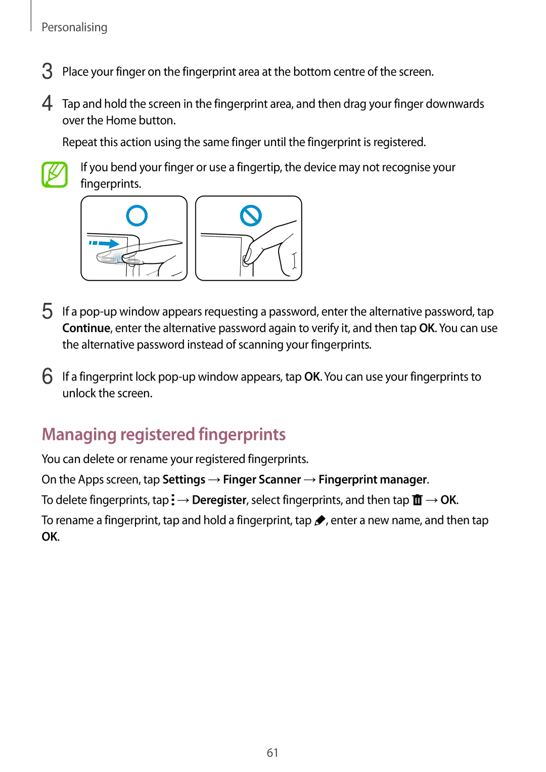 Samsung SM-G800HZKATUN manual Managing registered fingerprints, You can delete or rename your registered fingerprints 