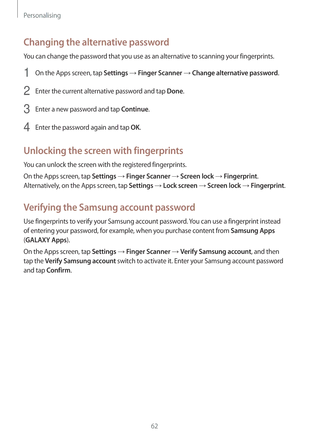 Samsung SM-G800HZKDECT, SM-G800HZWDXFE manual Changing the alternative password, Unlocking the screen with fingerprints 