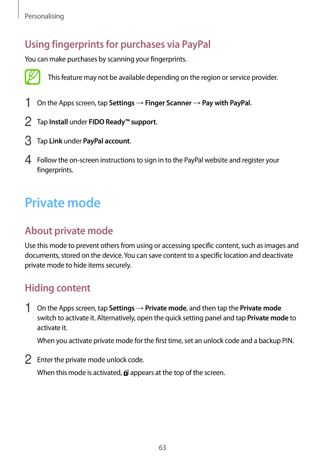 Samsung SM-G800HZWATUN manual Private mode, Using fingerprints for purchases via PayPal, About private mode, Hiding content 