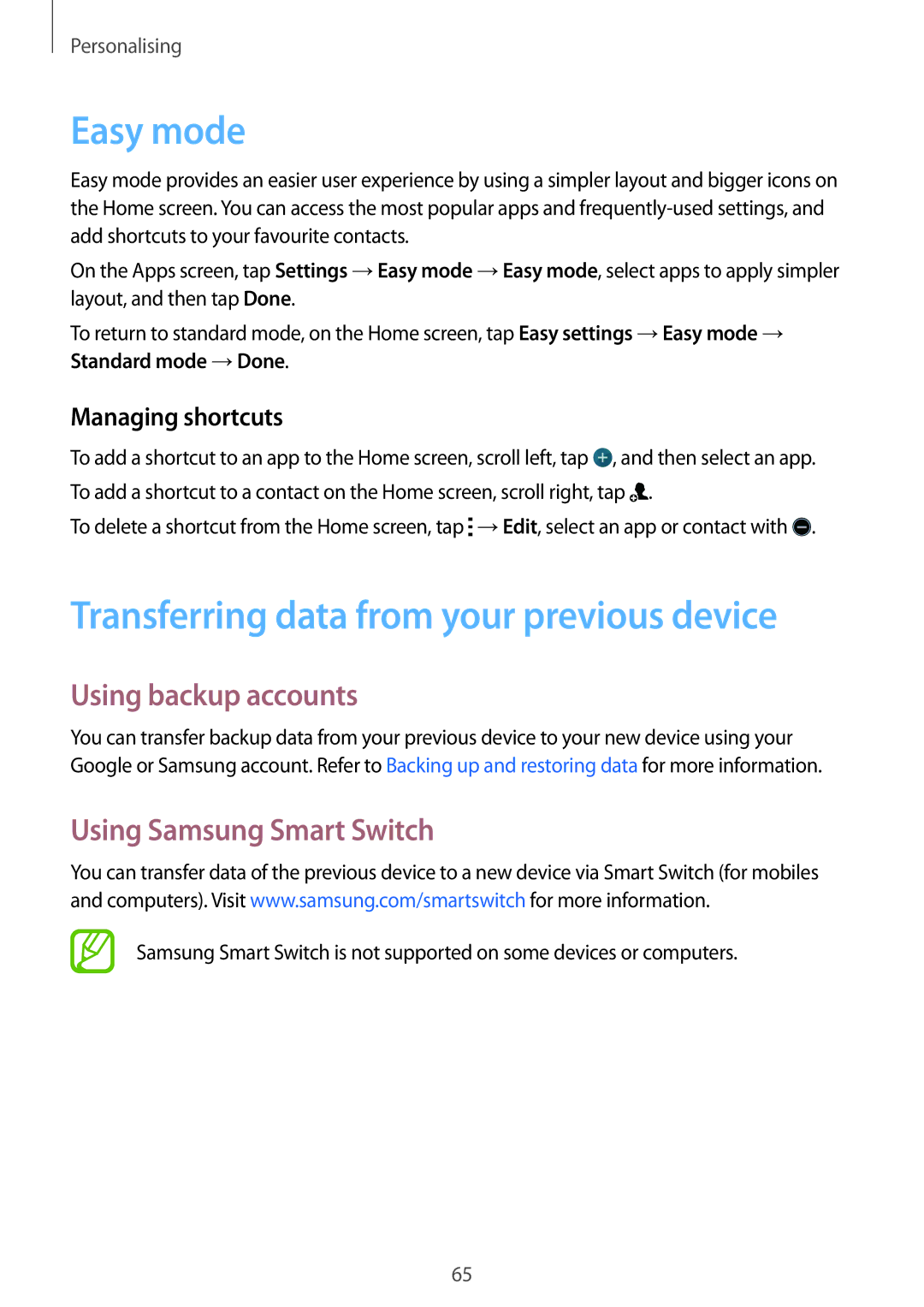 Samsung SM-G800HZBDEGY Easy mode, Transferring data from your previous device, Using backup accounts, Managing shortcuts 