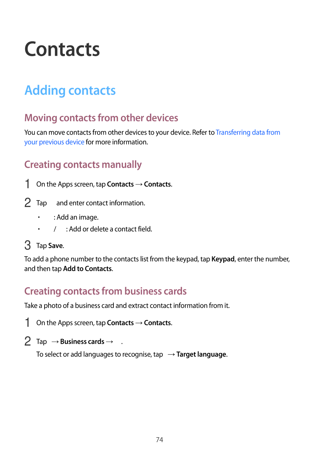 Samsung SM-G800HZBDSER Contacts, Adding contacts, Moving contacts from other devices, Creating contacts manually 