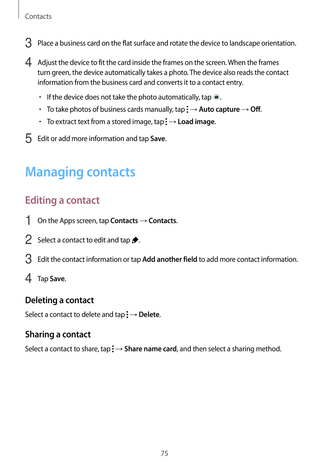 Samsung SM-G800HZWASER, SM-G800HZWDXFE manual Managing contacts, Editing a contact, Deleting a contact, Sharing a contact 