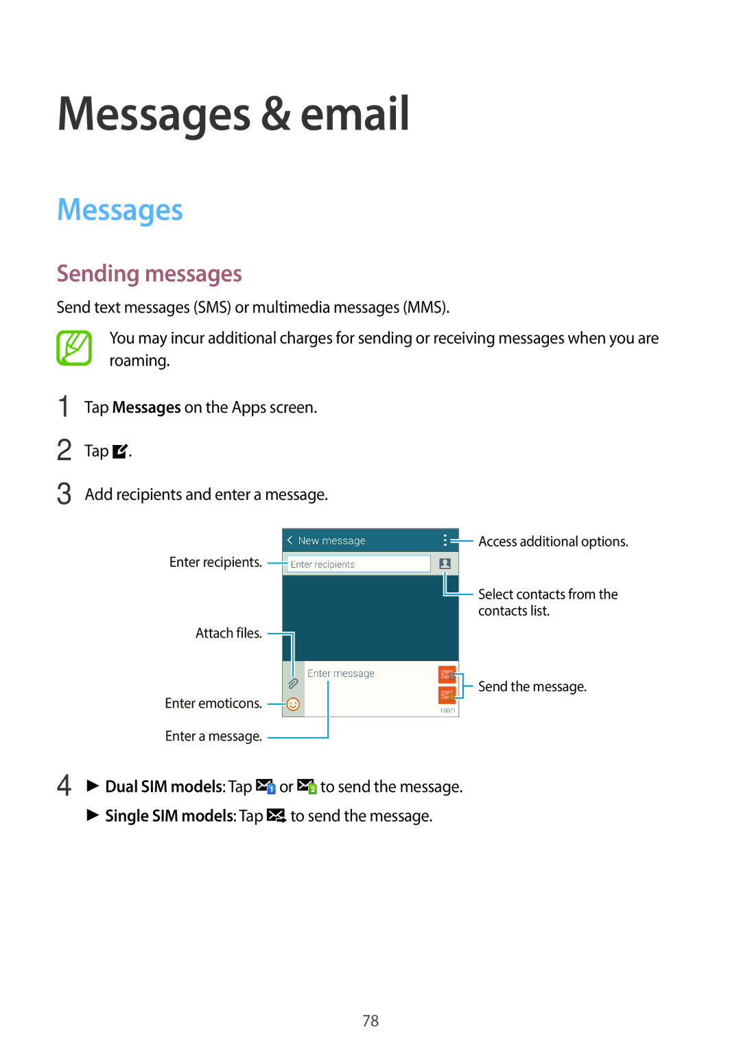 Samsung SM-G800HZDDSER, SM-G800HZWDXFE manual Messages & email, Sending messages, Single SIM models Tap to send the message 