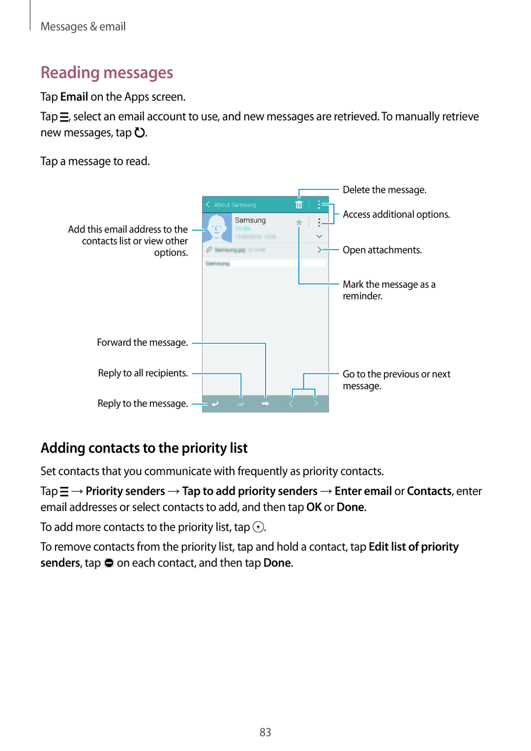 Samsung SM-G800HZWAXFE, SM-G800HZWDXFE, SM-G800HZWDTUN manual Reading messages, Adding contacts to the priority list 