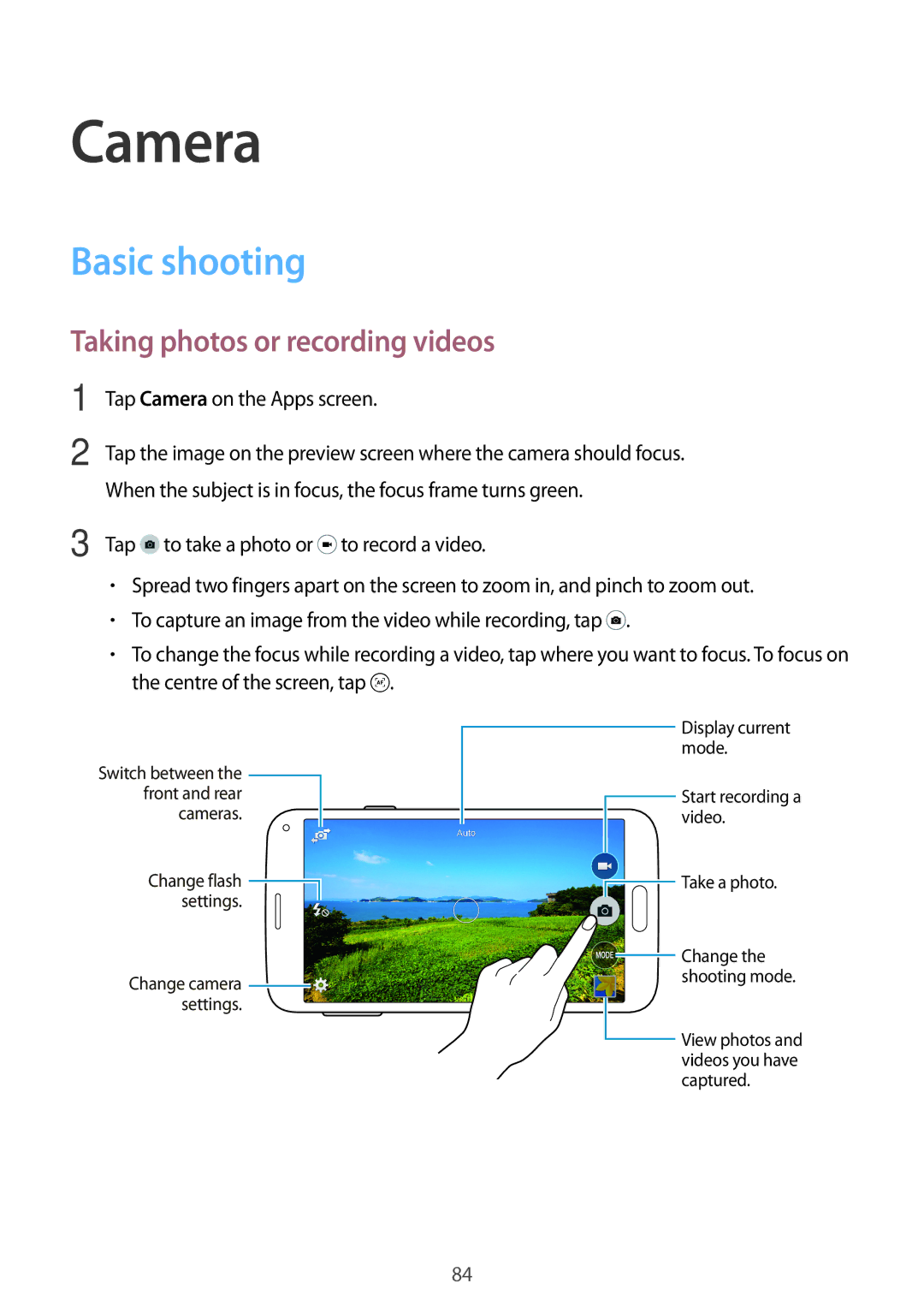 Samsung SM-G800HZBDCAC manual Basic shooting, Taking photos or recording videos, Tap Camera on the Apps screen 