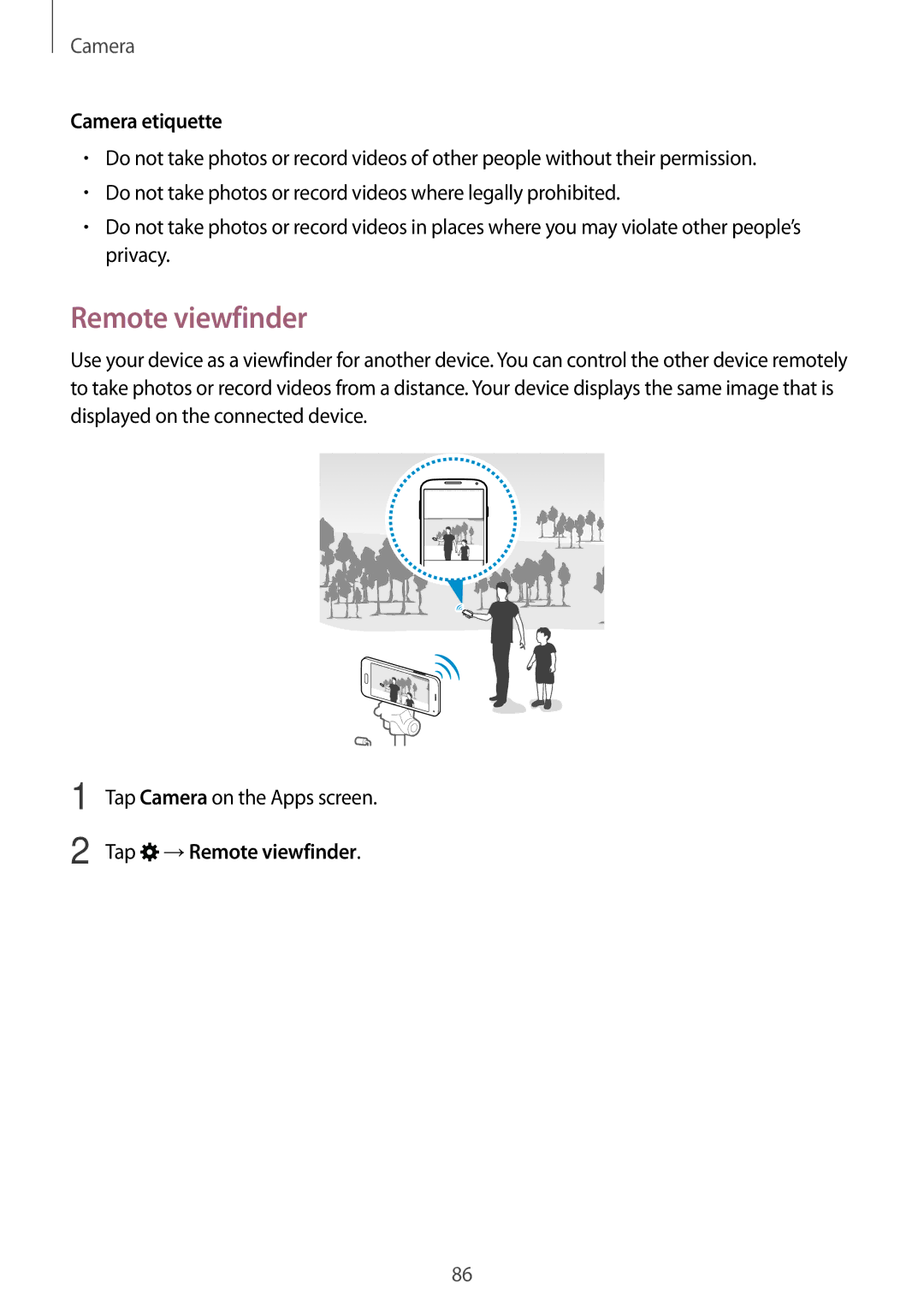 Samsung SM-G800HZDAXFE, SM-G800HZWDXFE, SM-G800HZWDTUN, SM-G800HZWDTHR manual Camera etiquette, Tap →Remote viewfinder 