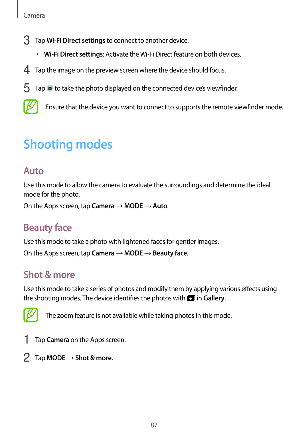 Samsung SM-G800HZDDTHR, SM-G800HZWDXFE, SM-G800HZWDTUN, SM-G800HZWDTHR manual Shooting modes, Auto, Beauty face, Shot & more 