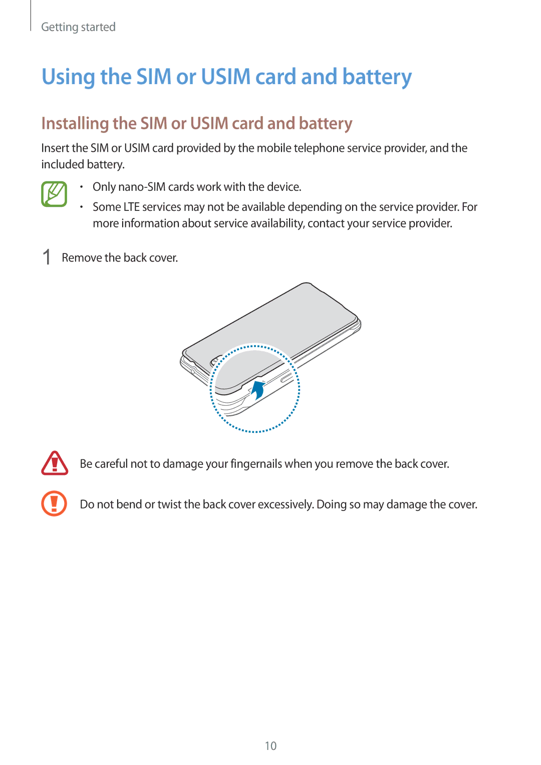 Samsung SM-G850F user manual Using the SIM or Usim card and battery, Installing the SIM or Usim card and battery 