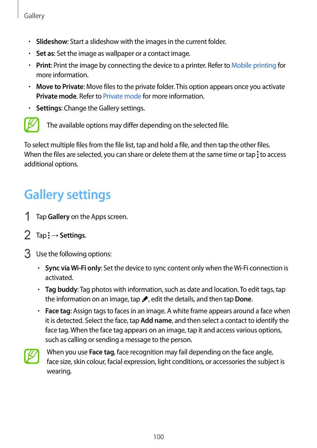 Samsung SM-G850F user manual Gallery settings, Tap →Settings, Use the following options 