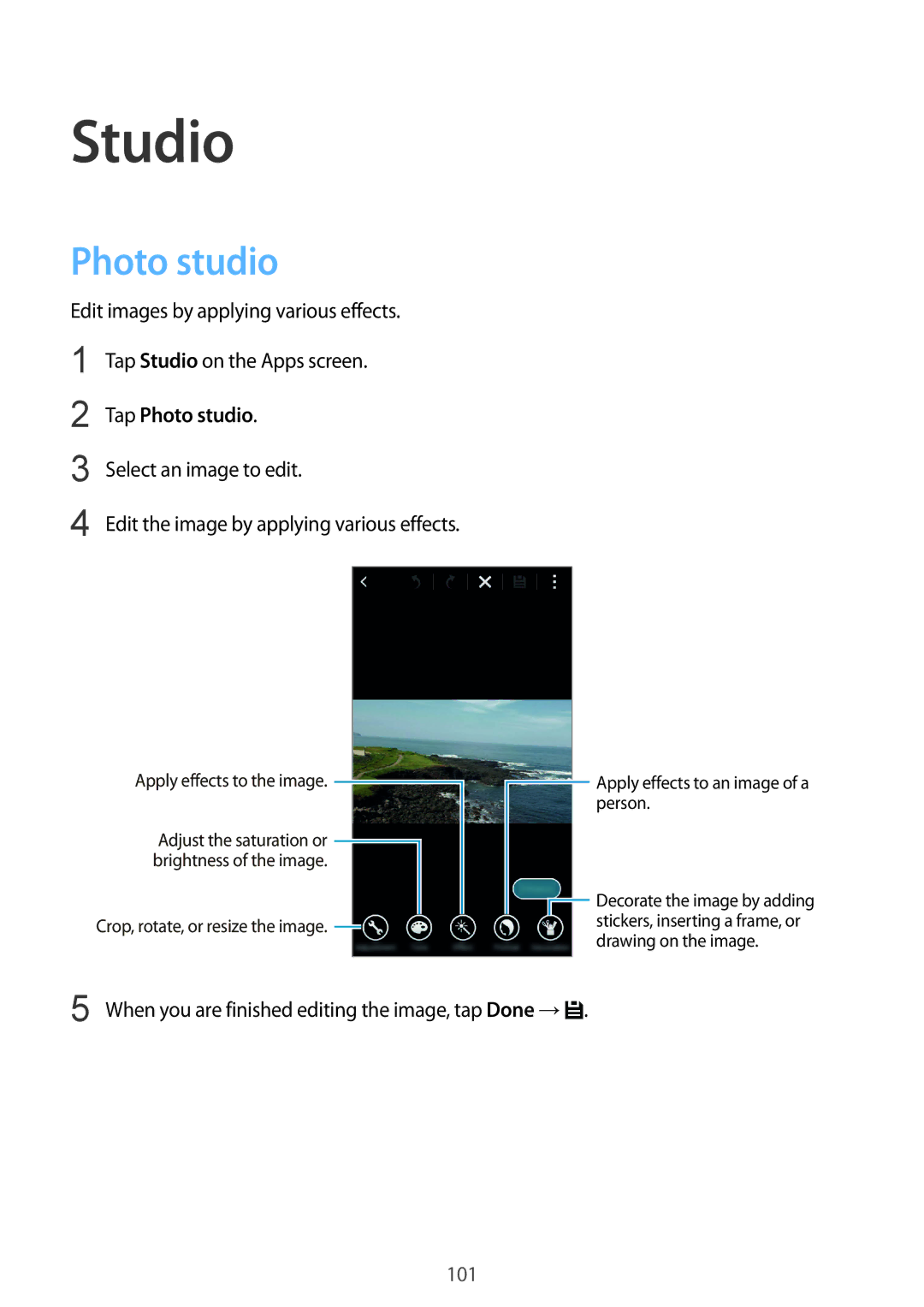 Samsung SM-G850F user manual Studio, Tap Photo studio, When you are finished editing the image, tap Done → 