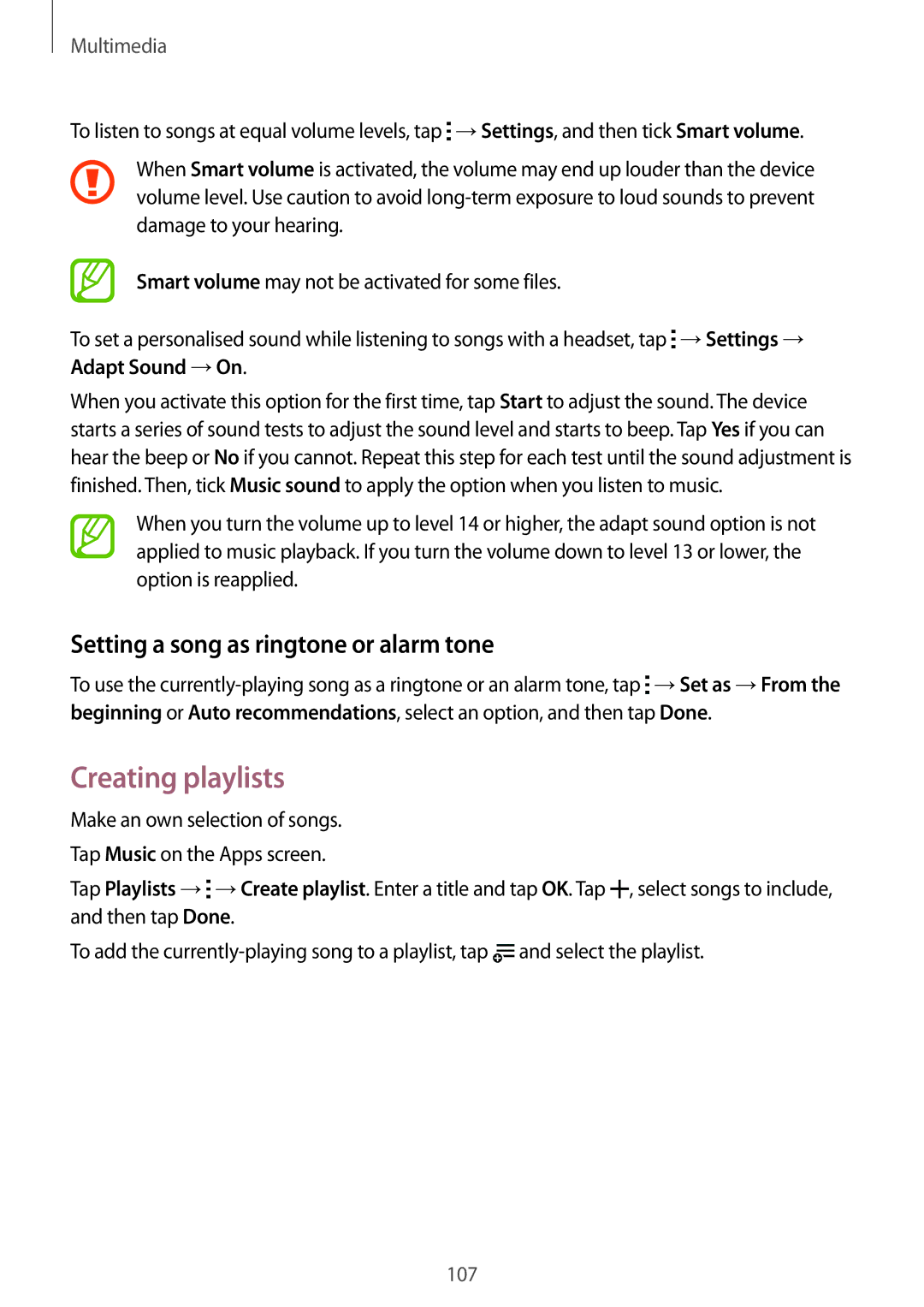 Samsung SM-G850F user manual Creating playlists, Setting a song as ringtone or alarm tone 