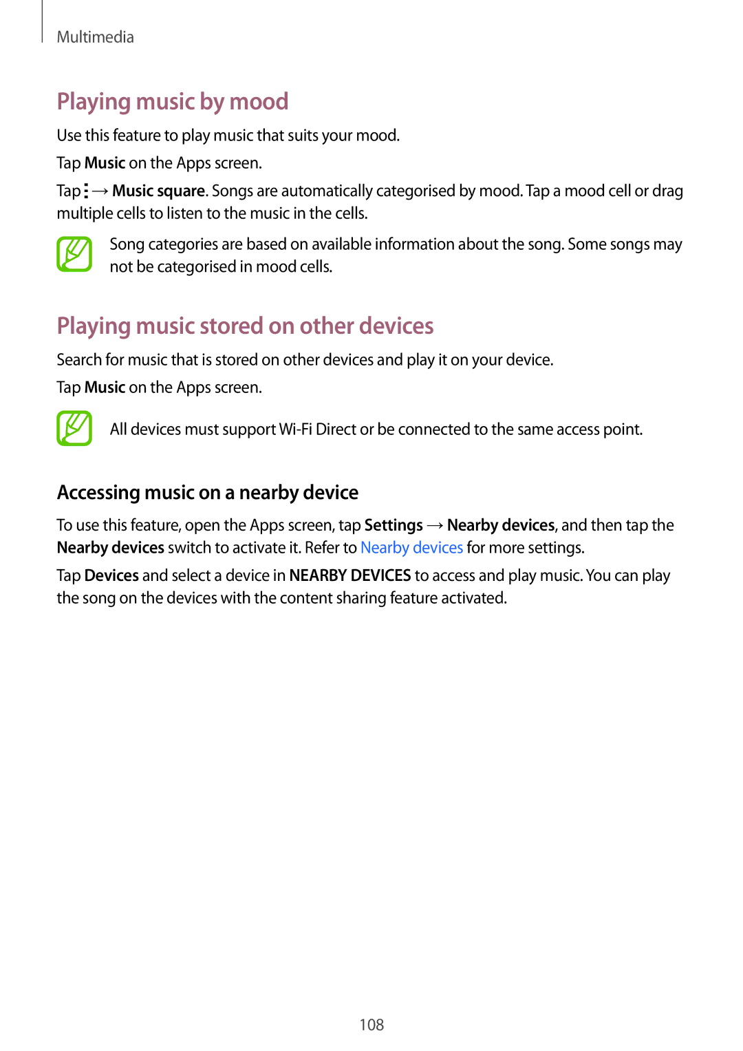 Samsung SM-G850F Playing music by mood, Playing music stored on other devices, Accessing music on a nearby device 