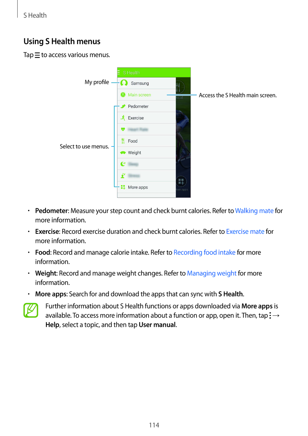 Samsung SM-G850F user manual Using S Health menus, Tap to access various menus 