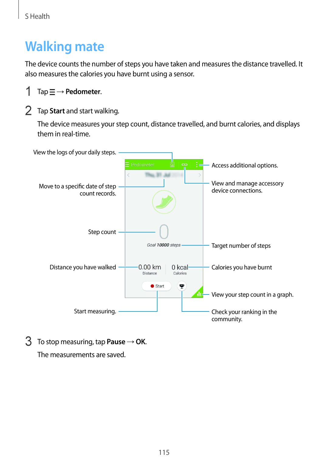 Samsung SM-G850F user manual Walking mate, Tap →Pedometer 