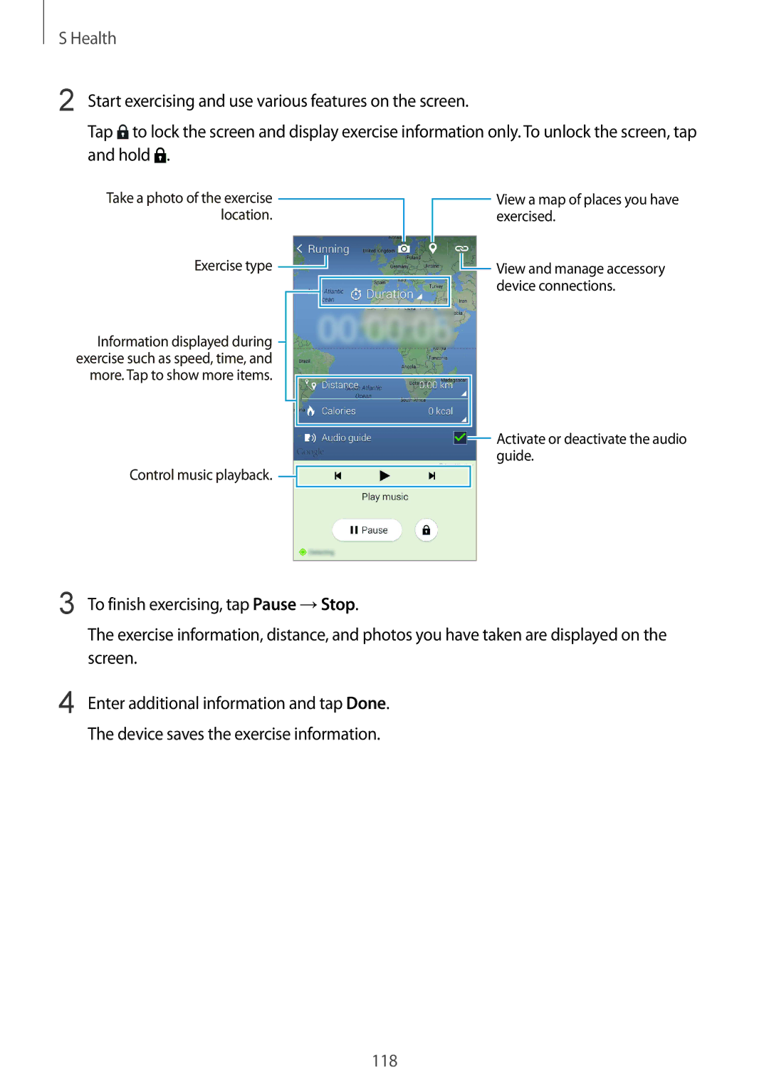 Samsung SM-G850F user manual To finish exercising, tap Pause →Stop, Enter additional information and tap Done 