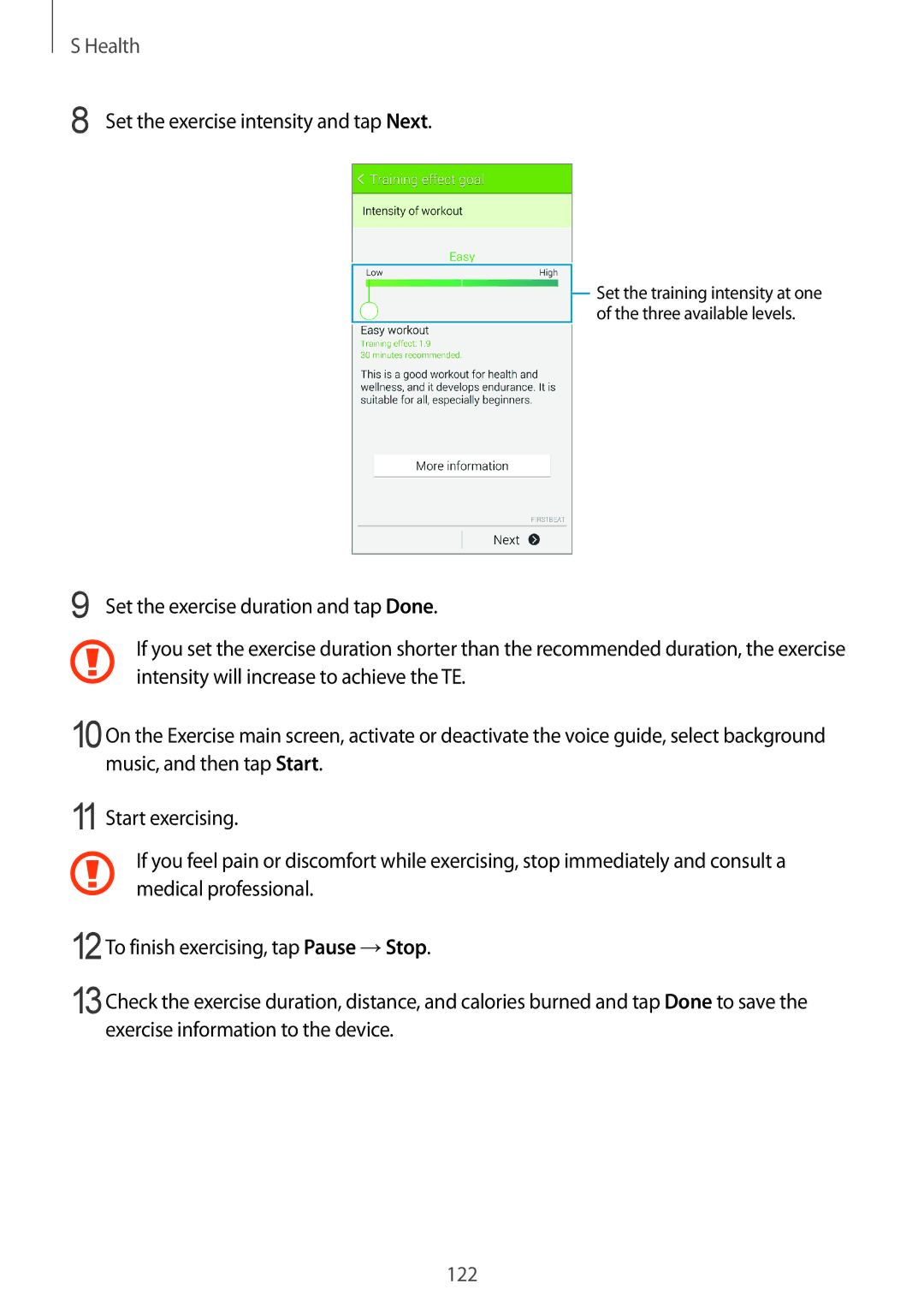 Samsung SM-G850F user manual Set the exercise intensity and tap Next 