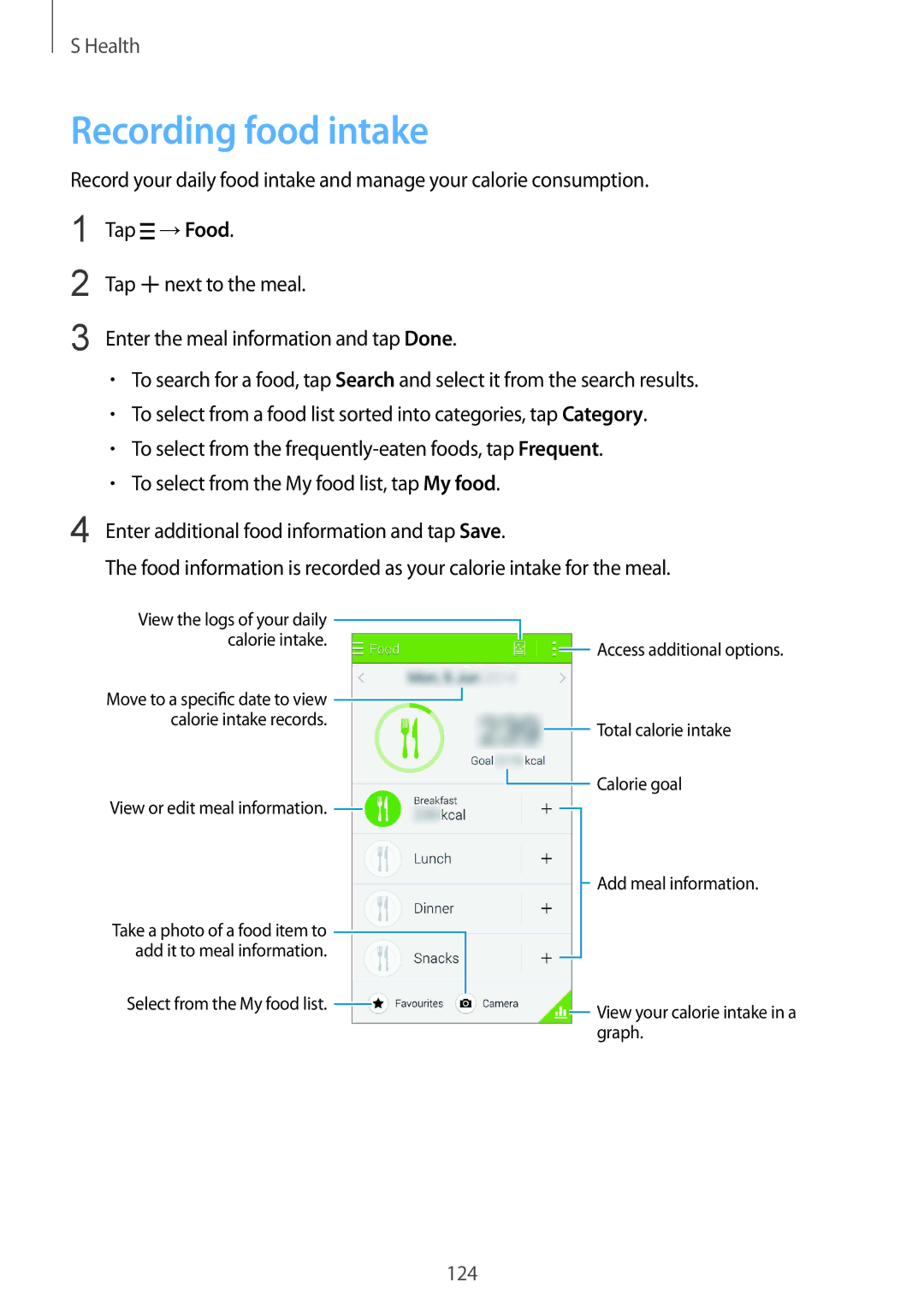 Samsung SM-G850F user manual Recording food intake 