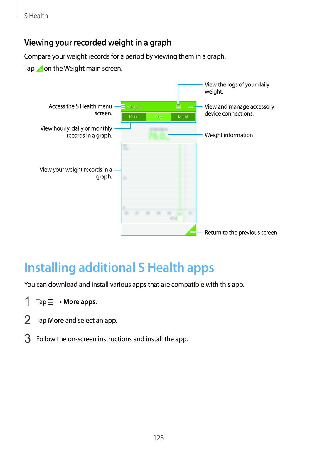 Samsung SM-G850F user manual Installing additional S Health apps, Viewing your recorded weight in a graph, Tap →More apps 